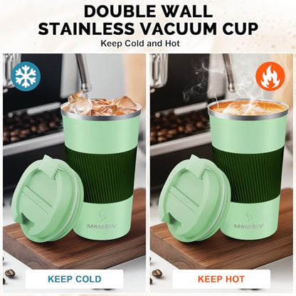 MOMSIV 17oz Travel Coffee Mug, Insulated Coffee Cup with Leakproof Lid - color: B-Light Green-17oz