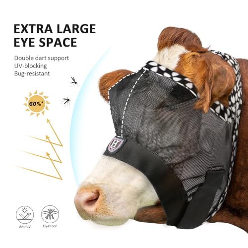 Harrison Howard Cattle Livestock Fly Mask Breathable Mesh Padded Edging with Fun Patterns Large Spacing Forelock Opening Design Adjustable Fit for Cattle Black - color: Black