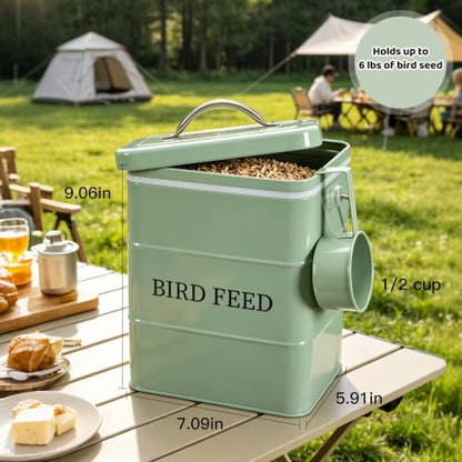 Bird Seed Storage Container, Airtight Metal Bird Food Canister Holds 5-6 LBS Wild Bird Feed, Bright Yellow Bird Feed Tin with Wooden Handle & Measuring Scoop, Dry Pet Snack & Grain Storage Bin - color: Green