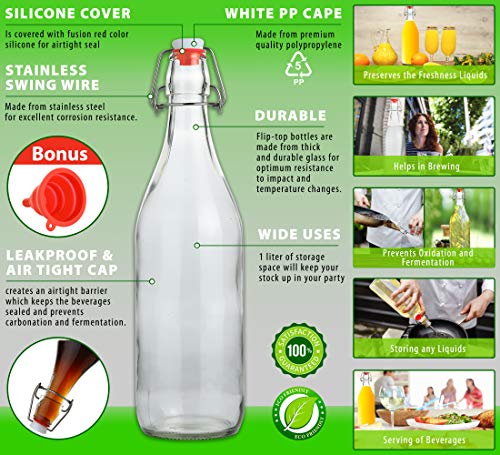 Flip Top Glass Bottle [1 Liter / 33 fl. oz.] [Pack of 6] – Swing Brewing with Stopper for Beverages, Oil, Vinegar, Kombucha, Beer, Water, Soda, Kefir Airtight Lid & Leak Proof Cap Clear - size: 33