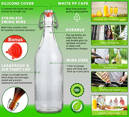 Flip Top Glass Bottle [1 Liter / 33 fl. oz.] [Pack of 6] – Swing Brewing with Stopper for Beverages, Oil, Vinegar, Kombucha, Beer, Water, Soda, Kefir Airtight Lid & Leak Proof Cap Clear - size: 33