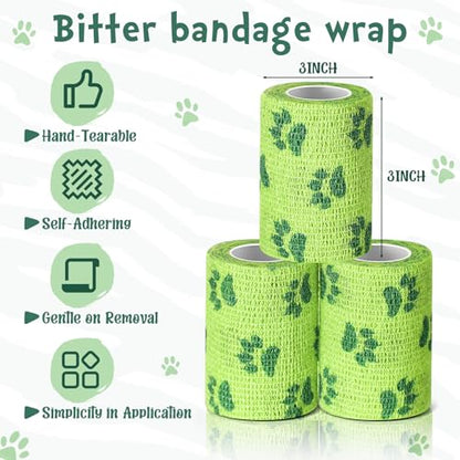 Geiserailie 6 Rolls No Chew Bandage for Dogs Self Adhesive Non-Woven Bitter Bandage Wrap for Dogs' Legs Paws Wounds Cats Animal, Green(3 Inches X 5 yd) - size: 3 Inches X 5 yd