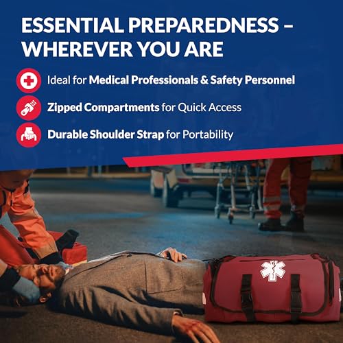 First Responder Trauma First Aid Kit Bag – Fully Stocked Emergency Medical Kit for Workplace, Vehicle & Home – OSHA & ANSI Compliant – Portable – Red - color: Red