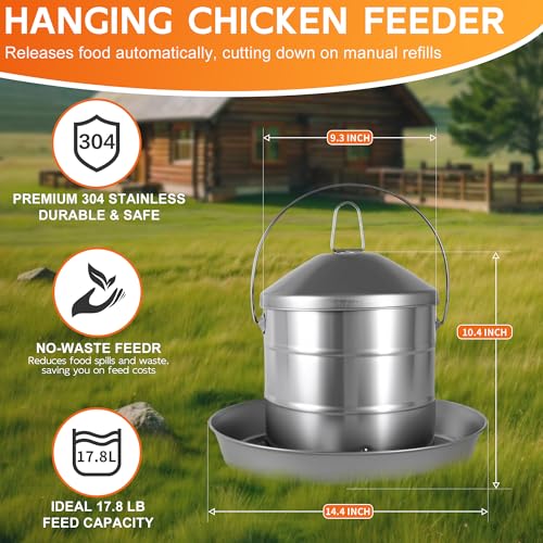 17.8lb Stainless Steel Hanging Chicken Feeder, Metal No Waste Poultry Feeder, Rustproof, Reusable, Long-Lasting, Gravity Feed Chicken Coop Accessories for Chicken, Geese, Duck, Hens, Rooster, Chick - color: 17.8lb