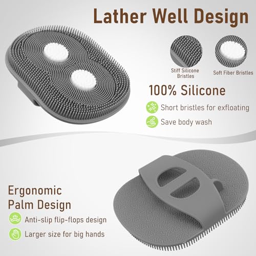 Back Scrubber for Shower & Body Scrubber 2 Pack - Silicone & Nylon Bristles - color: Grey