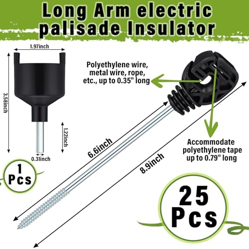 Tandefio 25 Pcs Electric Fence Insulator with Tool, Screw in Long Arm | Black Plastic Wood Post, Galvanized Steel Screw, Long Arm Wire Support, Socket Tool, Agricultural Garden Animal Fence