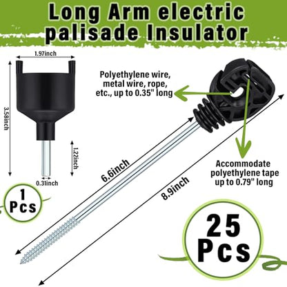 Tandefio 25 Pcs Electric Fence Insulator with Tool, Screw in Long Arm | Black Plastic Wood Post, Galvanized Steel Screw, Long Arm Wire Support, Socket Tool, Agricultural Garden Animal Fence