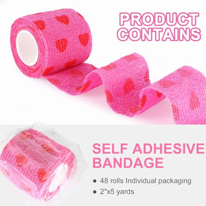 48 Pack Self Adhesive Bandage Wrap, 2” x 5 Yards Cohesive Medical Tape Elastic Grip Tape Black Sports Tape Athletic for Ankle, Wrist Sprains, Pet First Aid (Pink-Heart) - color: Pink-heart