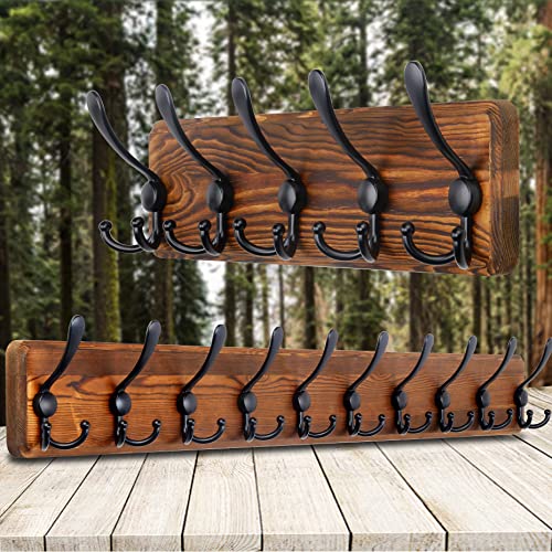SKOLOO Rustic Coat Rack Wall Mount, 16" Stud Spacing, Solid Wood, Brown - color: Brown Plate & Black Hook, size: 1 Item-5 Hooks