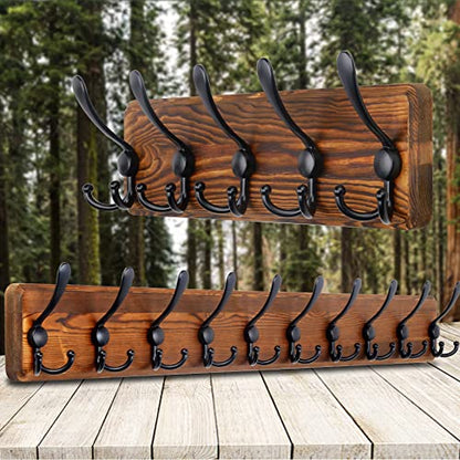 SKOLOO Rustic Coat Rack Wall Mount, 16" Stud Spacing, Solid Wood, Brown - color: Brown Plate & Black Hook, size: 1 Item-5 Hooks