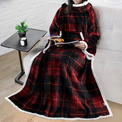 PAVILIA Sherpa Wearable Blanket with Sleeves and Pocket, Plush Thick Cozy Body Blanket Wrap for Adult Women Men, Christmas Gift for Wife Mom, Plaid Red - color: Plaid Red