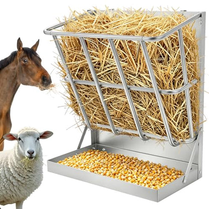 2 in 1 Wall Mount Hay and Grain Feeder, 25 Gallons Livestock Feeder - color: Silver