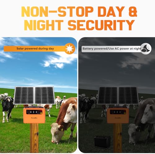 24 Hour Solar Electric Fence Charger, 30 Miles Solar Fence Energizer, 12KV Adjustable Output, 1.5J Solar Charger, 15W Solar Powered Electric Fence Kit for Livestock, Predator Protection