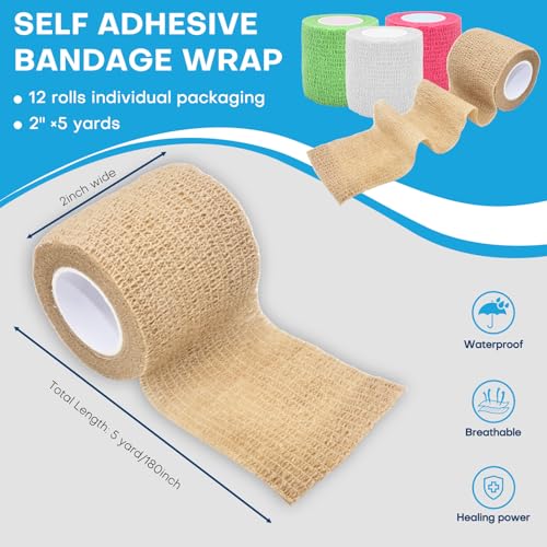 Self Adhesive Bandage Wrap, 2 Pack 2 Inch x 5 Yards Cohesive Tape, Elastic Wrap for Sports Injury, Athletic Training, First Aid, Animals (Skin Color)
