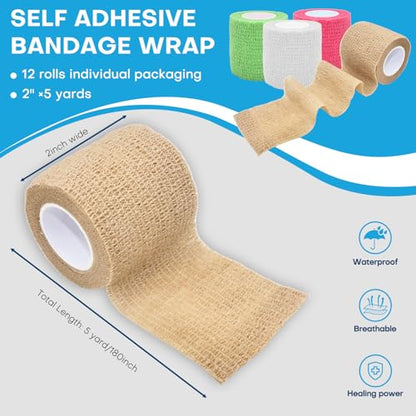Self Adhesive Bandage Wrap, 2 Pack 2 Inch x 5 Yards Cohesive Tape, Elastic Wrap for Sports Injury, Athletic Training, First Aid, Animals (Skin Color)
