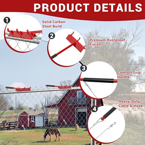 Chain Link Fence Top Rail Tensioner Tool, Heavy-Duty Steel Stretcher with 3 Hooks & 28" Cable Hook, 300 lbs Pull Capacity, Easy One-Person Installation, Red, 2PC - color: Red