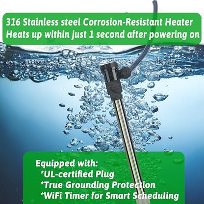 1800W Immersion Water Heater for Bathtub & Inflatable Pool – Portable Fully Submersible Electric Heater with Auto Shut Off & WiFi Timer forTub, Above Ground/Inground Pool, Bucket and Baptistry etc