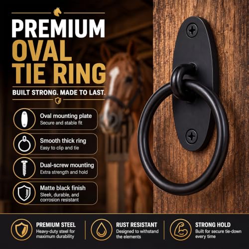 Fumete 4 Pcs Horse Tie Rings, Solid Steel Cross Tie Rings with Screws & Expansion Anchors, Wall Mount for Barn Stall Fence Concrete Trailer Grooming, Cross Tying & Tethering, Black (Oval)