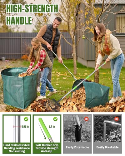 65 Inch 25 Tines Metal Leaf Rake Set with 40 Gal Dustpan-Type Bags | Heavy duty garden rake, Leaf gathering tool, Yard waste bag set, Metal dustpan rake, Lawn tool, Grass clippings sweeper - style: Green Dustpan