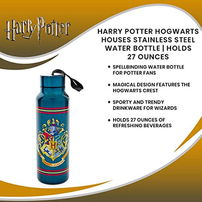 Silver Buffalo Harry Potter Crest, Stainless Steel Water Bottle, 27oz | Hogwarts School, Includes Strap, 0.8 Liters - color: Harry Potter, size: 27 Ounces