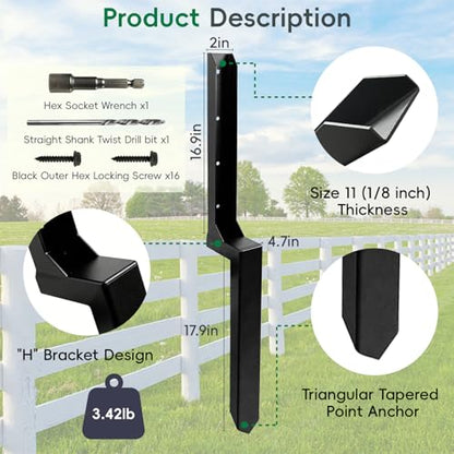 2 Pack Fence Post Repair Kits with Strong One-Piece Steel Anchor & Stakes - color: Black-2pack