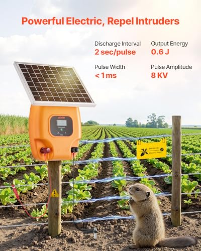 VEVOR Solar Fence Charger, 0.6J 8 kV Solar Powered Fence Charger, Electric Fence Energizer Kit, Keep Out Predators, 4-5 Days Runtime, for Livestock, Poultry, Garden Protection - size: 0.6J