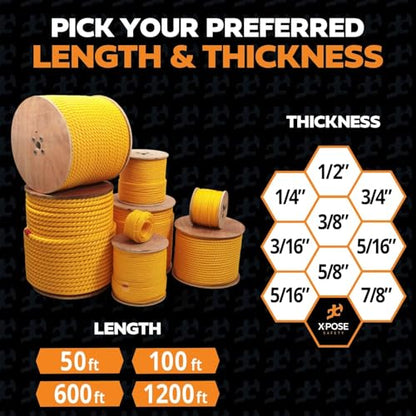 Yellow Twisted Polypropylene Rope, 1/4" Thickness x 1200' Length Heavy Duty Poly Ropes for Outdoor and Marine Use, Yellow Rope for Visibility & Safety - 36 Packs - size: 1/4" X 1200'