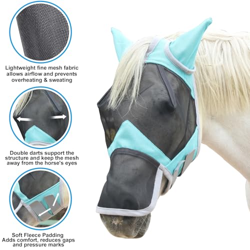 Horse Fly Mask with Ears & Long Nose, Fine Mesh Turquoise Pony - color: Turquoise, size: Pony