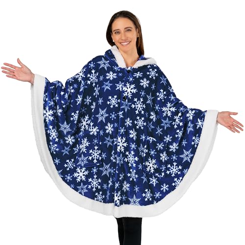 PAVILIA Hooded Blanket Poncho, Fleece Wearable Shawl Wrap, Snowflake Blue | Fleece Shawl Wrap with Hood, Adult Wearable Blanket, Cozy Warm Poncho Cape Throw with Pockets, Gift for Elderly Mom - color: Snowflake Blue
