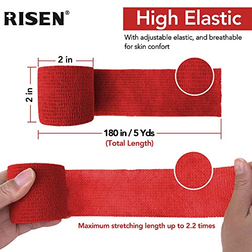 RISEN Cohesive Bandage 2” x 5 Yards, 6 Rolls, Self Adherent Wrap Medical Tape, Adhesive Flexible Breathable First Aid Gauze Ideal for Stretch Athletic - color: Red, size: 6 Count (Pack of 1)