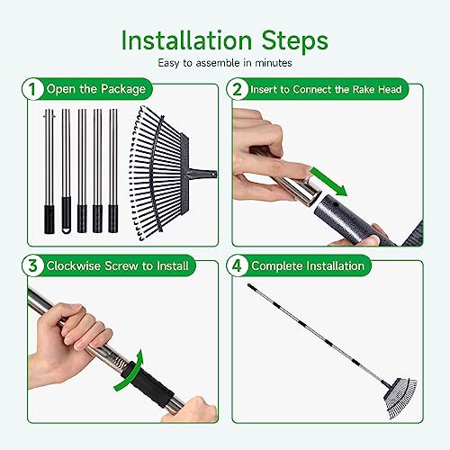 Rake for Leaves Heavy Duty 72 Inch Long Expandable Leaf Rake, 18 Inch Wide Garden Rakes with 25 Reinforced Tines and Stainless Steel Handle for Lawn, Yard, Leaf Cleanup - size: 25Tine