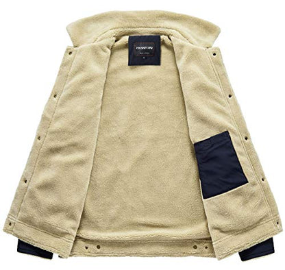 HOW'ON Men's Casual Sherpa Fleece Lined Jacket Warm Coat With Fur Collar - color: Dark Blue, size: Small