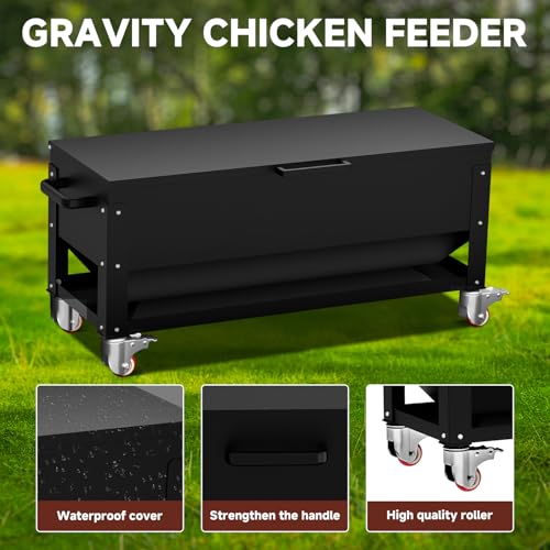 Automatic Metal Chicken Feeder,120lb Large Capacity Heavy Duty Gravity Chicken Feeder Box with Weatherproof Lid Brake Casters,Portable Chicken Feede No Waste Poultry Feeder for Ducks, Geese