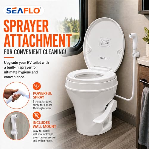 SEAFLO RV Toilet with Sprayer Attachment - White, 18.4” Residential Height, Gravity Flush Foot Pedal Camper Toilet Soft Close Seat Elongated Bowl Motorhome, 4-Year Warranty, SFRTPH-01-02 - color: White-Sprayer