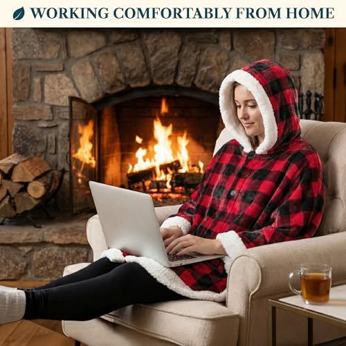 PAVILIA Hooded Blanket Poncho, Fleece Wearable Shawl Wrap Throw, Plaid Red | Fleece Shawl Wrap with Hood, Adult Wearable Blanket, Cozy Warm Poncho Cape Throw with Pockets, Gift for Elderly Mom - color: Checker Red