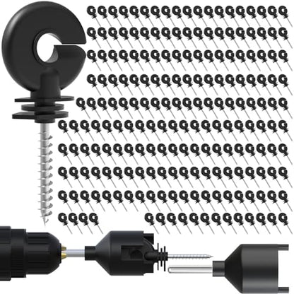 200 Pcs Black Electric Fence Insulator Screw-in Insulator Fence Ring Post Wood Post Insulator and 2 Pc Free Insulator Socket Tool (Grid System Accessories for Animal Husbandry Electronic)