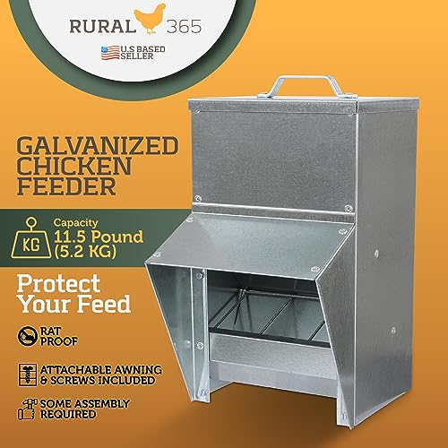 Rural365 11.5lb Capacity Galvanized Chicken Feeder - Rat Proof Poultry Feeder with Lid Weatherproof Outdoor Coop Food Dispenser