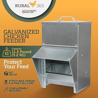 Rural365 11.5lb Capacity Galvanized Chicken Feeder - Rat Proof Poultry Feeder with Lid Weatherproof Outdoor Coop Food Dispenser
