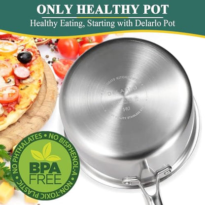 DELARLO Tri-Ply Stainless Steel Saucepan 1QT 2QT Kitchen Pot Set - color: Silver, size: 1QT+2QT With Steamer