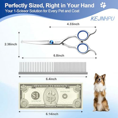 Professional Dog Grooming Kit 6.8 Inches, Curved Dog Grooming Scissors with Safety Round Tips, Dog Scissors for Grooming for Face, Paws & Ears at Home - Right & Left Handed