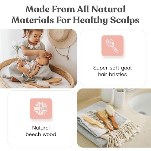 Ullabelle 4 Piece Wooden Baby Hair Brush and Comb Set for Newborns & Toddlers in Chic Gift Box - Ultra Soft Natural Goat Hair and Wood Baby Brush Set Prevents Cradle Cap - Perfect Registry Gift (Pink) - color: Pink