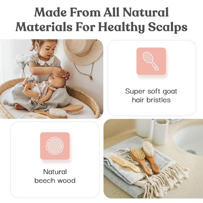 Ullabelle 4 Piece Wooden Baby Hair Brush and Comb Set for Newborns & Toddlers in Chic Gift Box - Ultra Soft Natural Goat Hair and Wood Baby Brush Set Prevents Cradle Cap - Perfect Registry Gift (Pink) - color: Pink