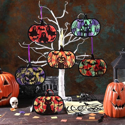 AmazingSpark 30 Pcs Halloween Pumpkin Suncatcher Craft Kit Tissue Paper DIY | 6 Spooky Designs Bat Ghost House, Stained Glass Effect for Classroom Party Activities, Bulk Art Projects, Hanging Included - style: Halloween