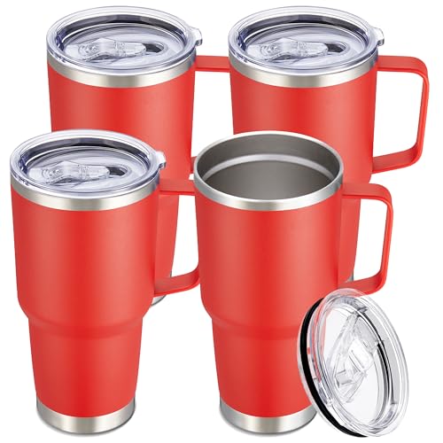 30 oz Stainless Steel Tumblers Bulk with Handle and Lid, 4 Pack - color: Red