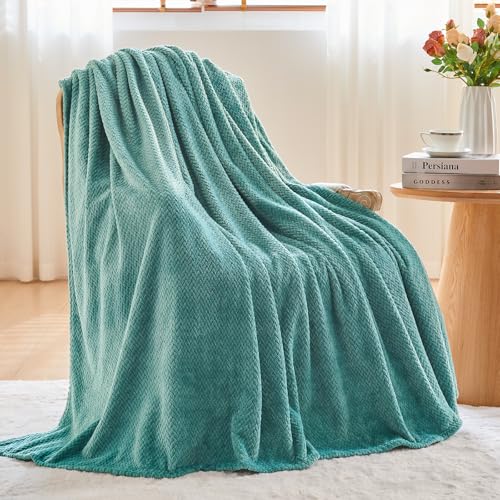 NEWCOSPLAY Fleece Leaves Pattern Throw Blanket, Light Teal, 50"x60" | Super Soft Throw Blanket, Lightweight Cozy Bed Sofa Blanket, Premium Silky Flannel Fleece, Travel Blanket for All Season Use - color: Light Teal, size: Throw(50"x60")