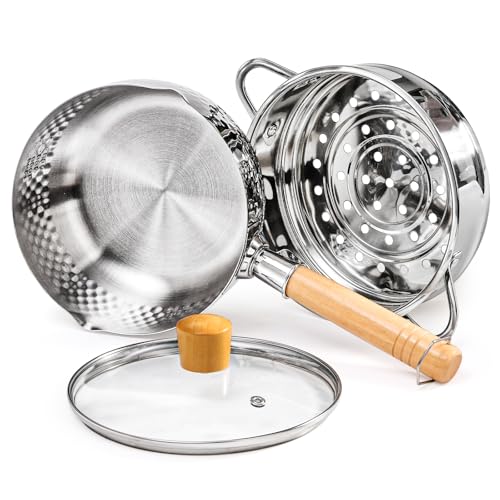 DEAYOU Stainless Steel Saucepan with Steamer, 1.2 Quart Yukihira Sauce Pan with Lid, Traditional Japanese Small Cooking Pot with Wood Handle and Two Side Spouts for Milk, Ramen, Soup, Tempura, 7"