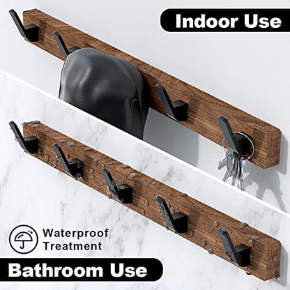 17 Inch Walnut Wood Wall Mounted Coat Rack with 5 Black Hooks, Adhesive Mounted Entryway Hooks, Modern Natural Wooden Pegs for Hanging Coat Clothes Hat Bag Purse Key and Towel - color: Coat Rack with 5 Hooks