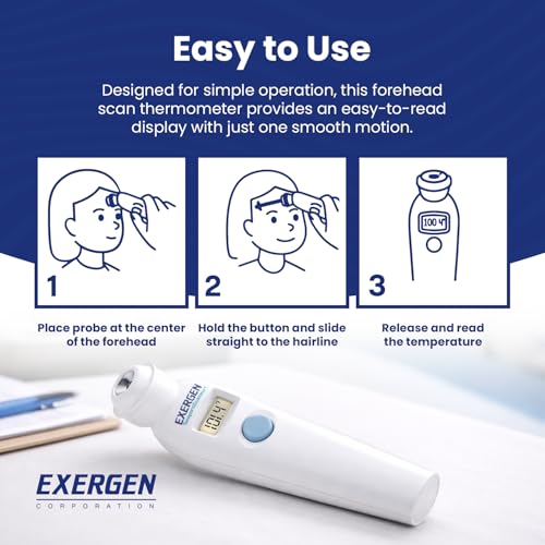 Exergen TAT-2000C+ Temporal Artery Thermometer, White, 9V Included | Thermometer For Adults, Kids, & Newborns | Soft Glow LCD, Silent Mode, 8 Memory Readings