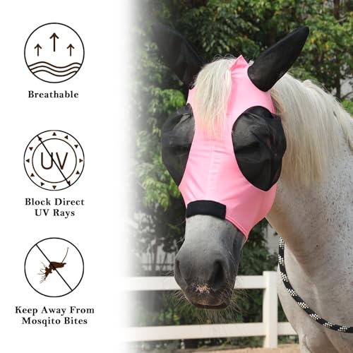 Stretchy Horse Fly Mask with Ears, Large Eye Space Pink Pony - color: Pink, size: Pony