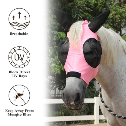 Stretchy Horse Fly Mask with Ears, Large Eye Space Pink Pony - color: Pink, size: Pony
